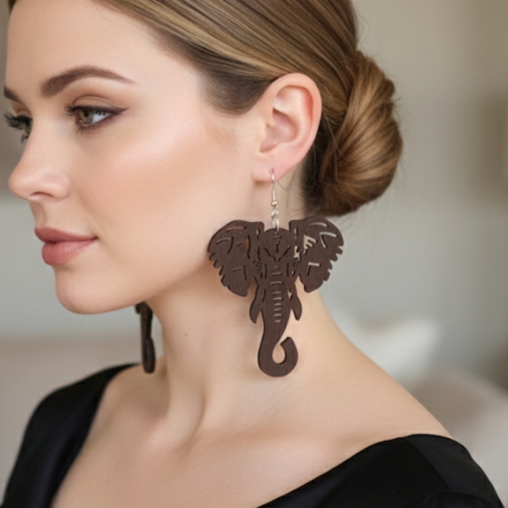 African-style wooden Elephant earrings. Dark brown earrings in an Ethnic. 8 Cm